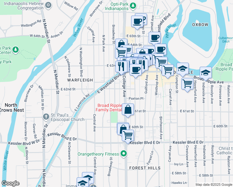 map of restaurants, bars, coffee shops, grocery stores, and more near 6142 Broadway Street in Indianapolis