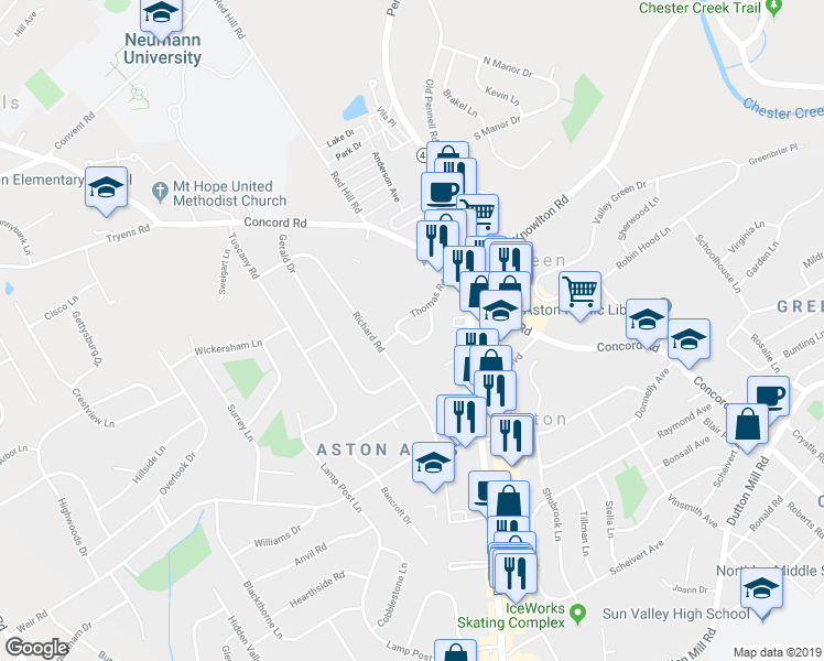 map of restaurants, bars, coffee shops, grocery stores, and more near 24 Aston Court in Aston