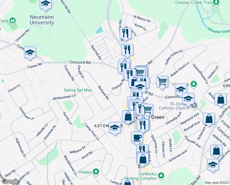 map of restaurants, bars, coffee shops, grocery stores, and more near 24 Aston Court in Aston