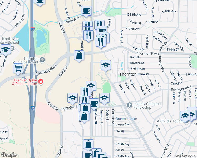 map of restaurants, bars, coffee shops, grocery stores, and more near 9451 Hoffman Way in Thornton