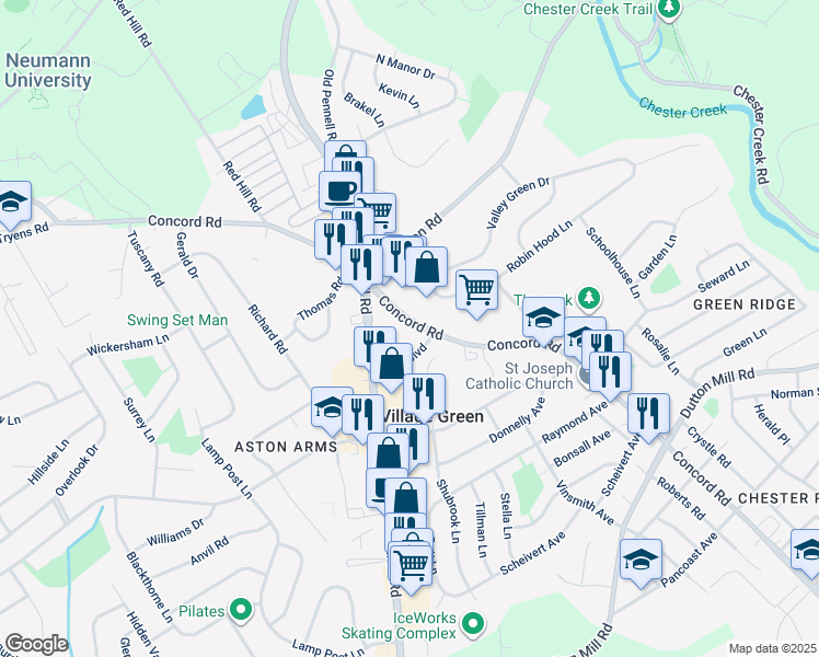 map of restaurants, bars, coffee shops, grocery stores, and more near 3541 Concord Road in Aston