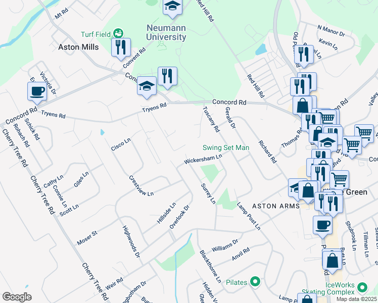 map of restaurants, bars, coffee shops, grocery stores, and more near 2885 Surrey Lane in Aston