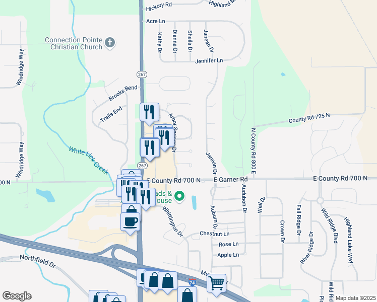map of restaurants, bars, coffee shops, grocery stores, and more near Mulberry Court in Brownsburg