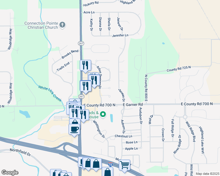map of restaurants, bars, coffee shops, grocery stores, and more near Mulberry Court in Brownsburg