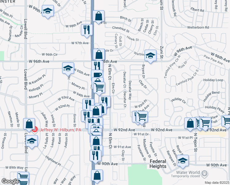 map of restaurants, bars, coffee shops, grocery stores, and more near 9400 Elm Court in Denver
