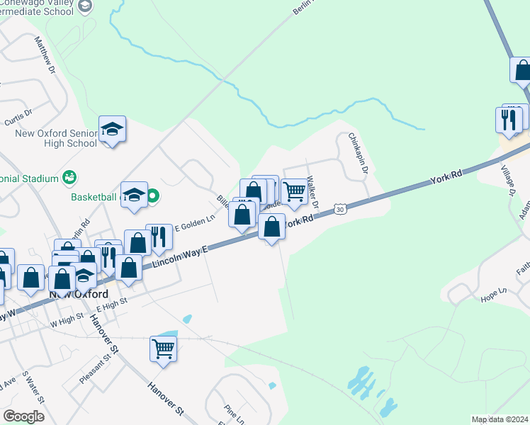 map of restaurants, bars, coffee shops, grocery stores, and more near 444 Lincoln Way East in New Oxford
