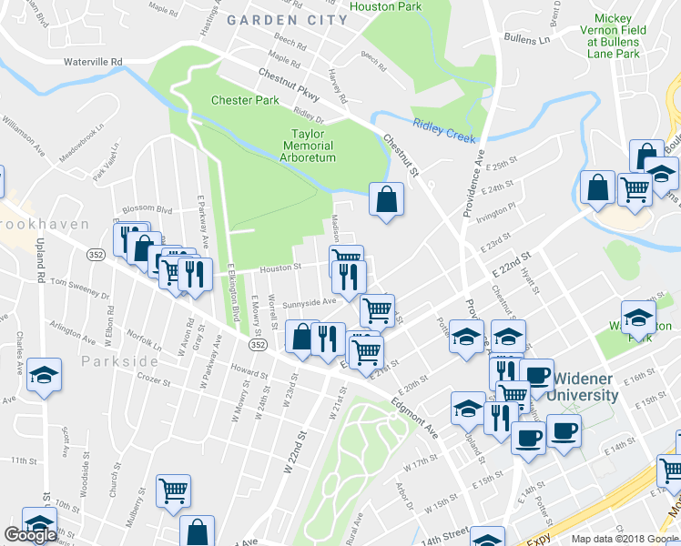 map of restaurants, bars, coffee shops, grocery stores, and more near 2430 Madison Street in Chester