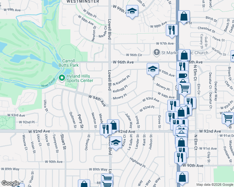 map of restaurants, bars, coffee shops, grocery stores, and more near 3480 Mowry Place in Westminster