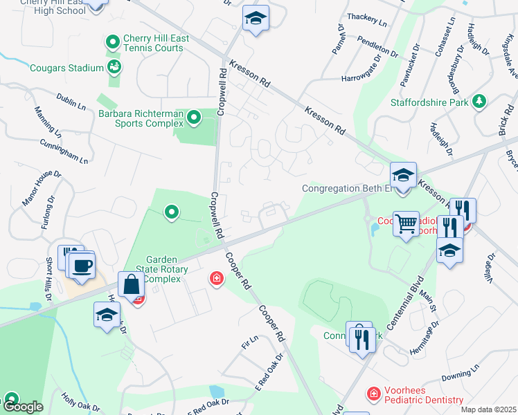 map of restaurants, bars, coffee shops, grocery stores, and more near 1953 The Woods II in Cherry Hill