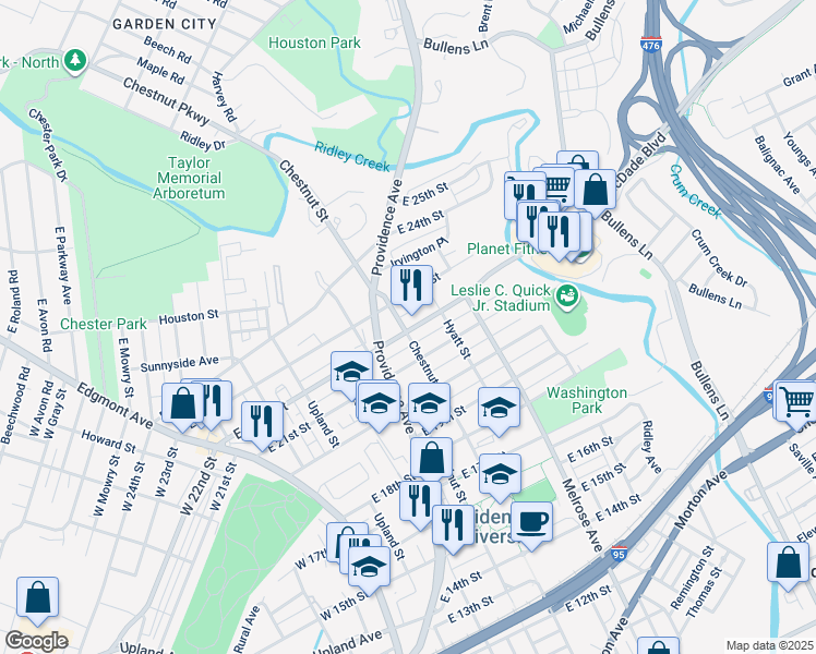 map of restaurants, bars, coffee shops, grocery stores, and more near 415 East 22nd Street in Chester