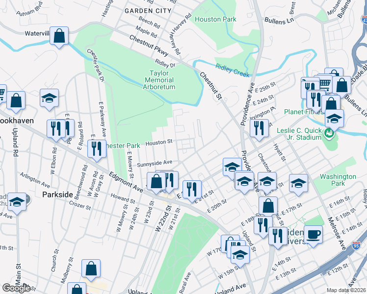 map of restaurants, bars, coffee shops, grocery stores, and more near 2415 Madison Street in Chester
