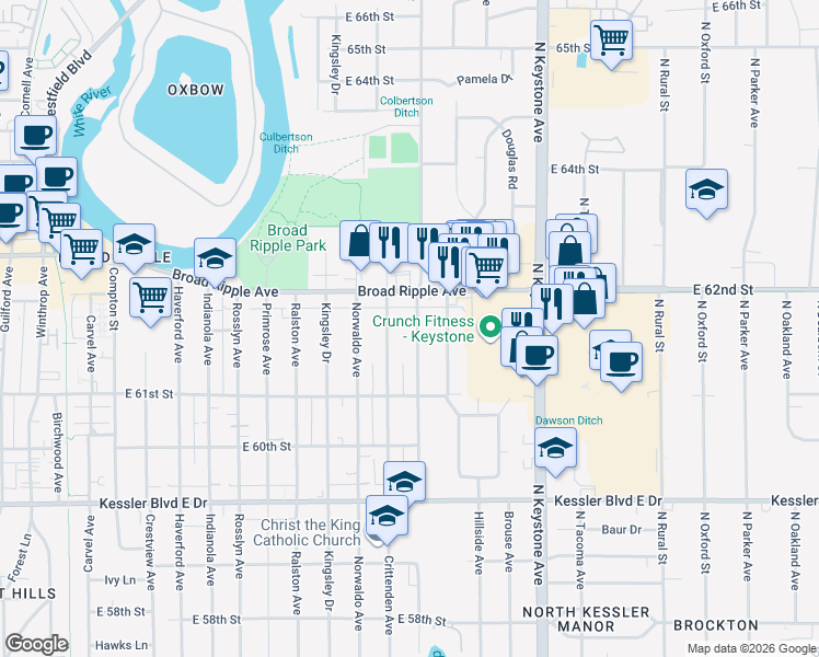 map of restaurants, bars, coffee shops, grocery stores, and more near 6148 Evanston Avenue in Indianapolis