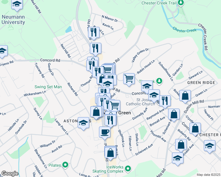 map of restaurants, bars, coffee shops, grocery stores, and more near 3541 Concord Road in Aston