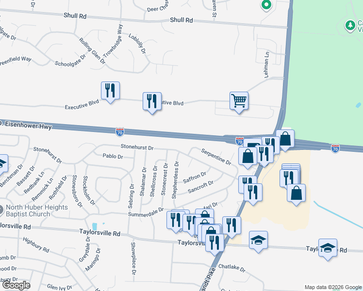 map of restaurants, bars, coffee shops, grocery stores, and more near 7201 Serpentine Drive in Dayton