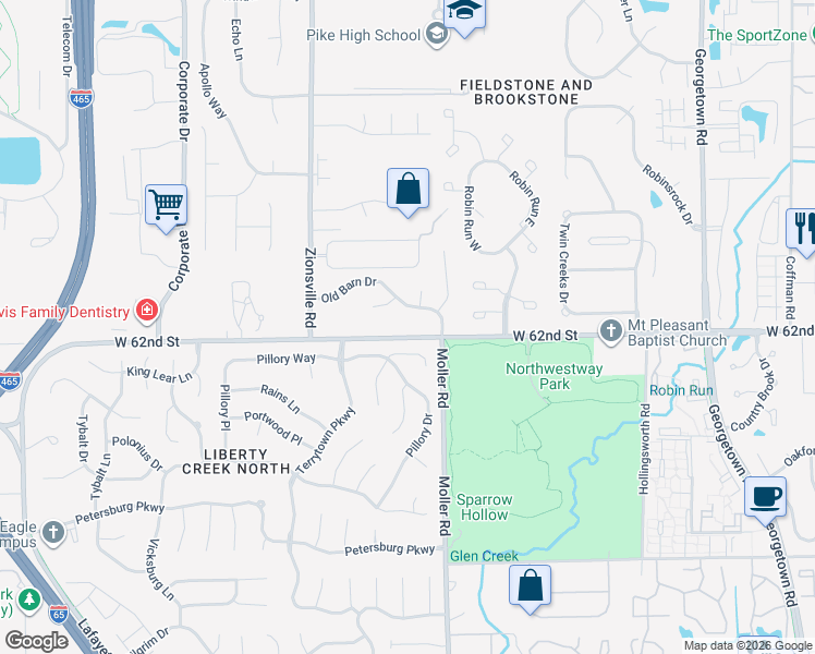map of restaurants, bars, coffee shops, grocery stores, and more near 5426 Bethesda Lane in Indianapolis