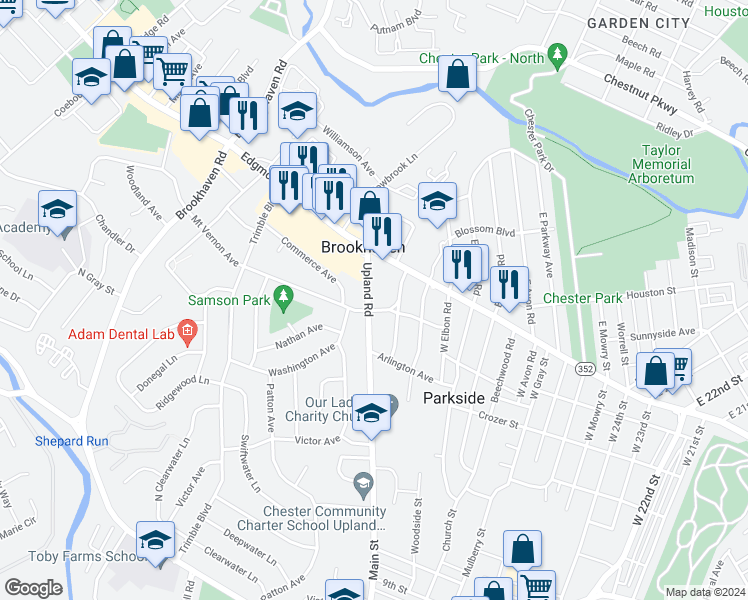 map of restaurants, bars, coffee shops, grocery stores, and more near 21 Upland Road in Brookhaven