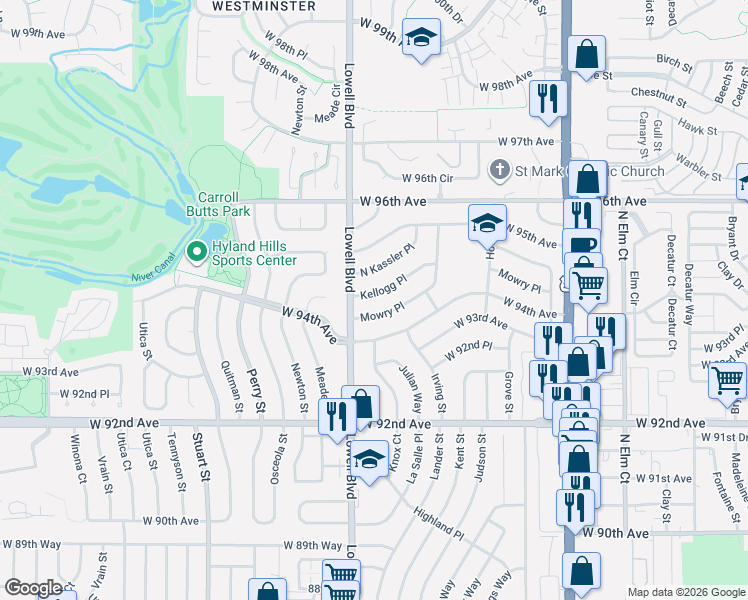 map of restaurants, bars, coffee shops, grocery stores, and more near 3480 Mowry Place in Westminster