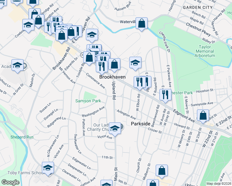 map of restaurants, bars, coffee shops, grocery stores, and more near 100 Upland Road in Brookhaven
