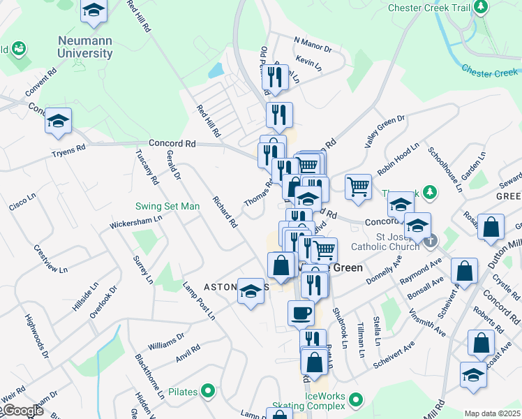 map of restaurants, bars, coffee shops, grocery stores, and more near 18-20 Aston Court in Village Green