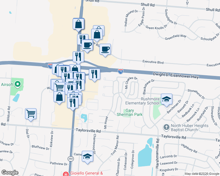 map of restaurants, bars, coffee shops, grocery stores, and more near 7999 Mount Hood in Dayton