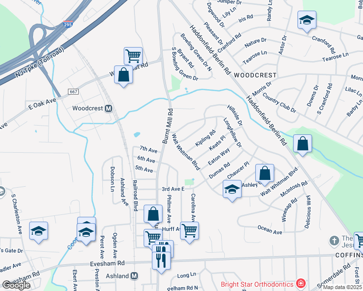 map of restaurants, bars, coffee shops, grocery stores, and more near 138 Kipling Road in Cherry Hill