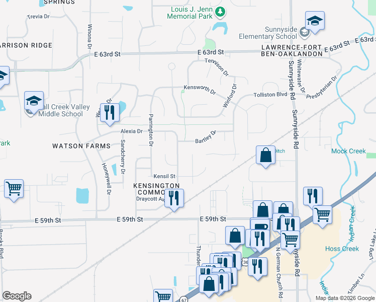 map of restaurants, bars, coffee shops, grocery stores, and more near 6106 Bannister Court in Indianapolis