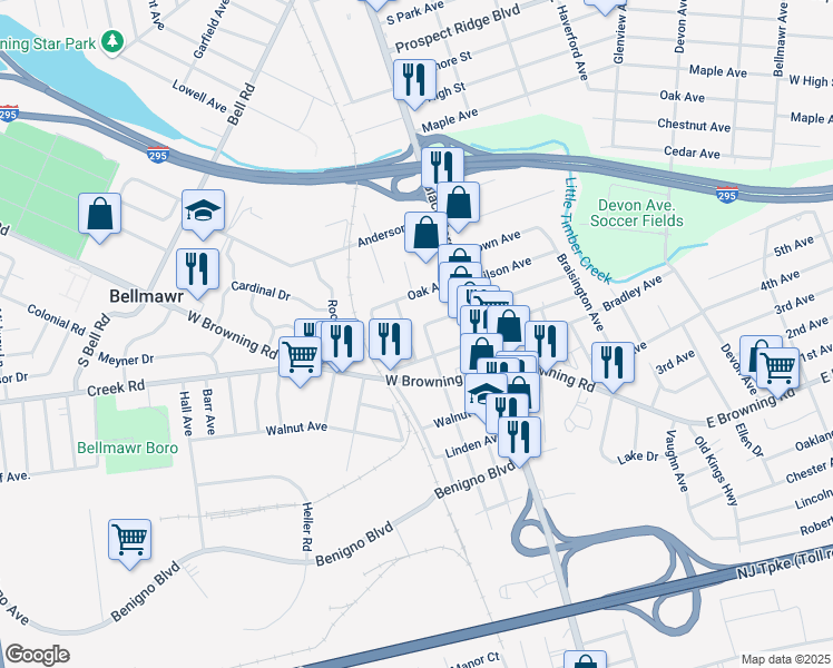 map of restaurants, bars, coffee shops, grocery stores, and more near 21 Summit Avenue in Bellmawr