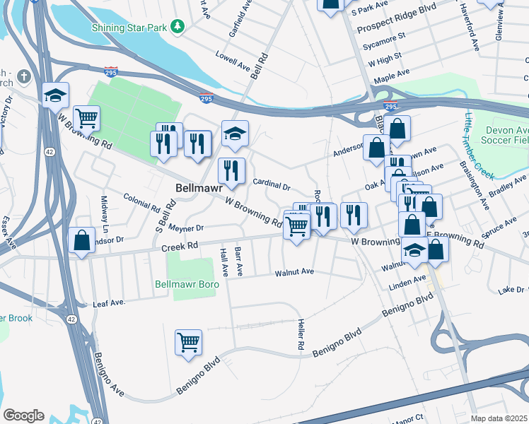 map of restaurants, bars, coffee shops, grocery stores, and more near 220 West Browning Road in Bellmawr