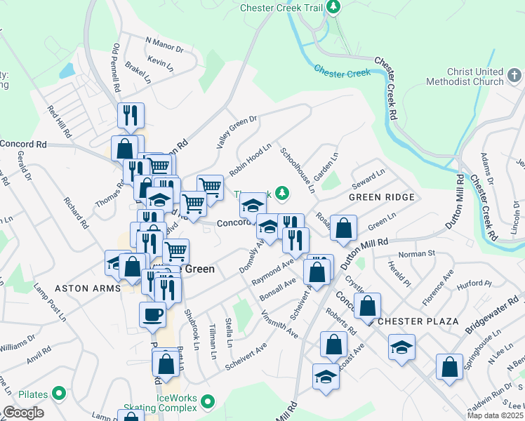 map of restaurants, bars, coffee shops, grocery stores, and more near 3270 Concord Road in Aston