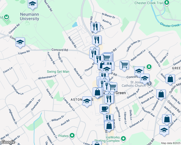 map of restaurants, bars, coffee shops, grocery stores, and more near 18-20 Aston Court in Village Green