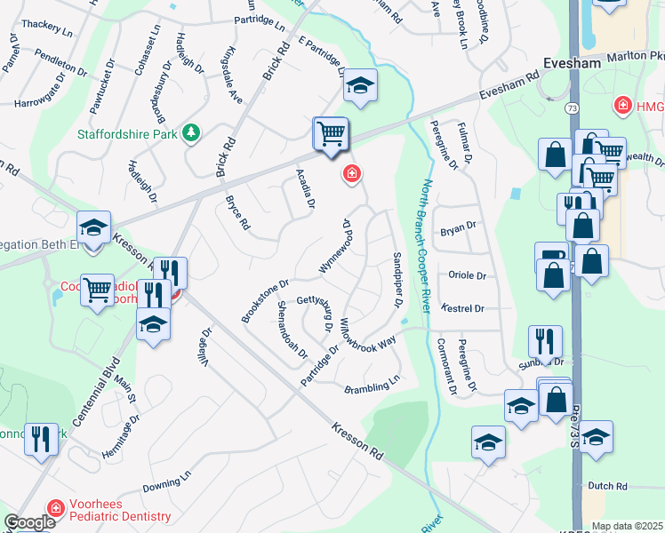 map of restaurants, bars, coffee shops, grocery stores, and more near 18 Briarcreek Dr in Voorhees
