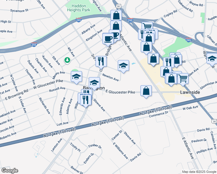 map of restaurants, bars, coffee shops, grocery stores, and more near 51 East Gloucester Pike in Barrington