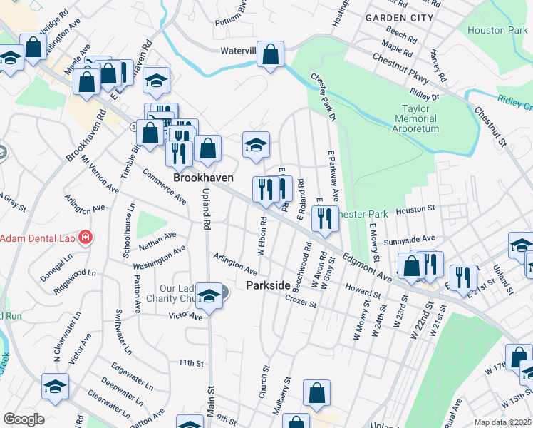 map of restaurants, bars, coffee shops, grocery stores, and more near 6 West Chelton Road in Brookhaven