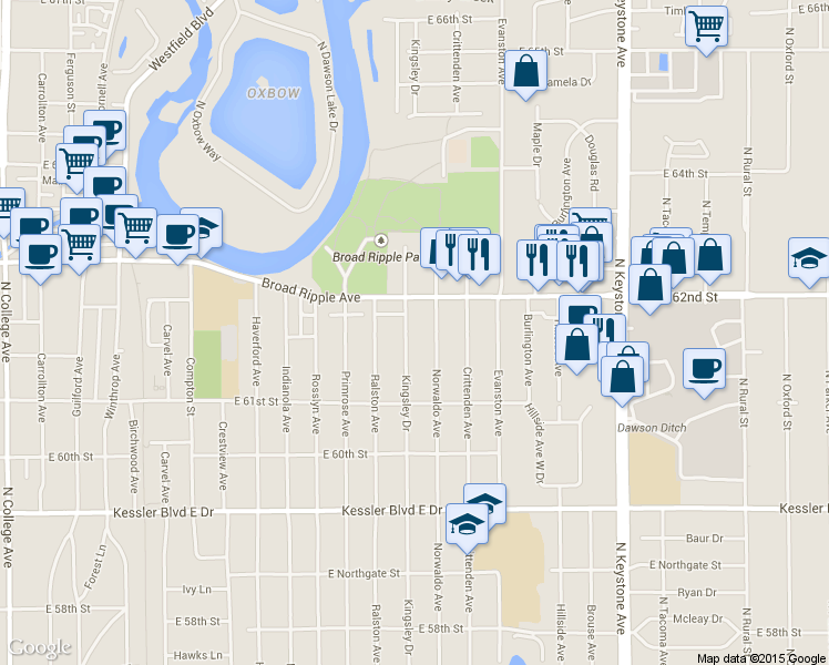 map of restaurants, bars, coffee shops, grocery stores, and more near 6150 Norwaldo Avenue in Indianapolis
