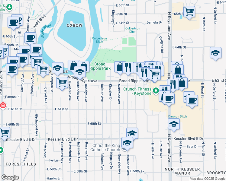 map of restaurants, bars, coffee shops, grocery stores, and more near 6150 Norwaldo Avenue in Indianapolis