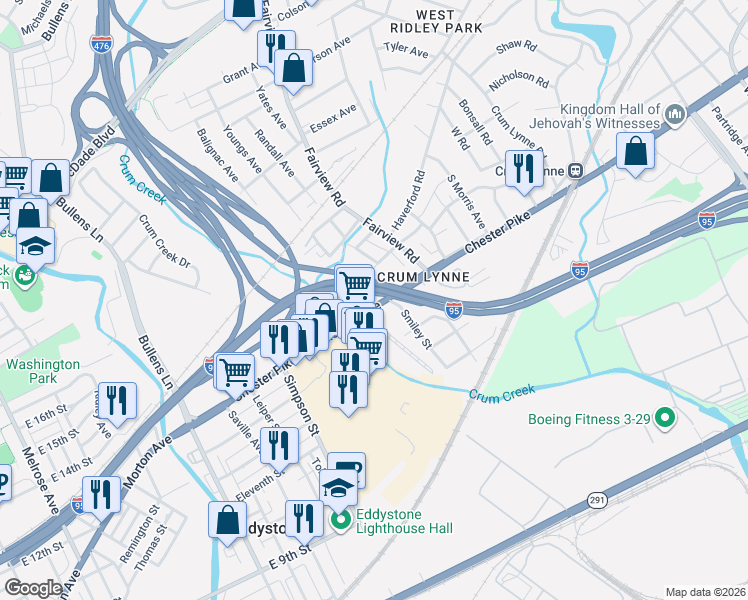 map of restaurants, bars, coffee shops, grocery stores, and more near in Crum Lynne