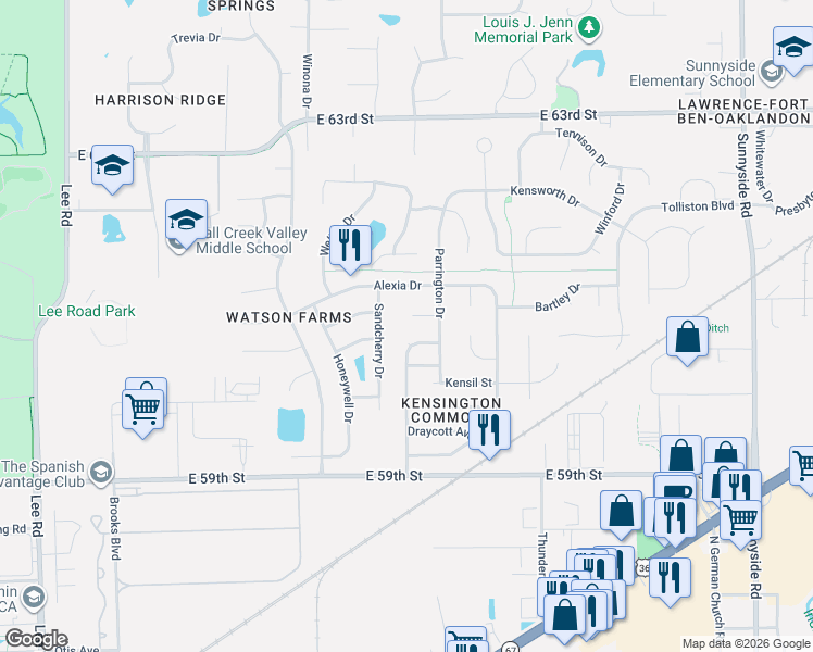 map of restaurants, bars, coffee shops, grocery stores, and more near 10303 Draycott Way in Indianapolis