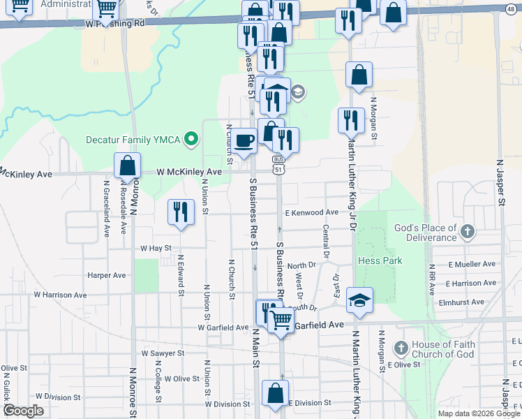 map of restaurants, bars, coffee shops, grocery stores, and more near 2200-2298 North Main Street in Decatur