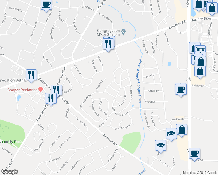 map of restaurants, bars, coffee shops, grocery stores, and more near 18 Briarcreek Dr in Voorhees