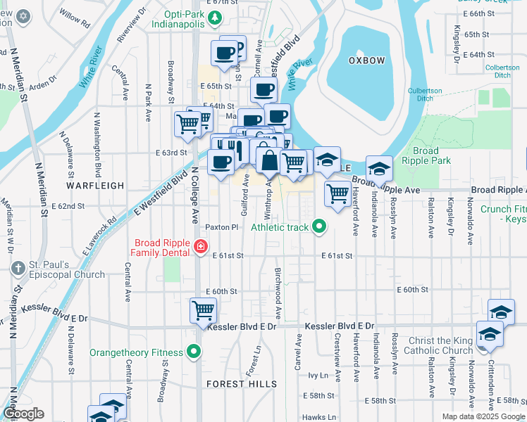 map of restaurants, bars, coffee shops, grocery stores, and more near 6144 Winthrop Avenue in Indianapolis