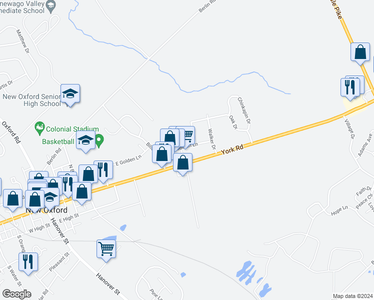 map of restaurants, bars, coffee shops, grocery stores, and more near 5660 York Road in New Oxford