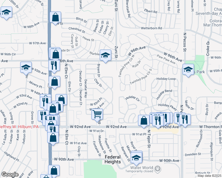 map of restaurants, bars, coffee shops, grocery stores, and more near Bryant Dr in Federal Heights