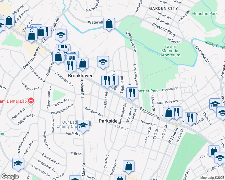 map of restaurants, bars, coffee shops, grocery stores, and more near 6 West Chelton Road in Brookhaven