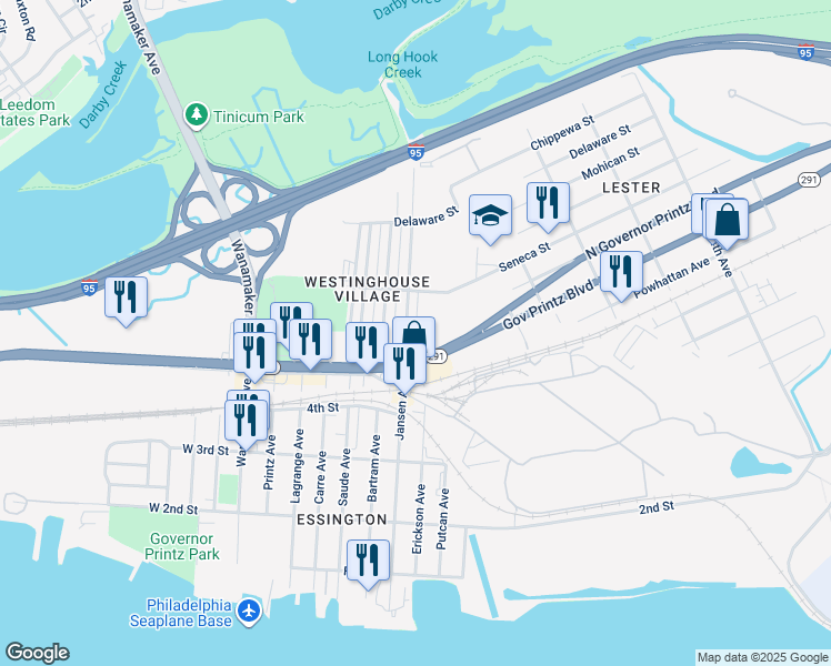 map of restaurants, bars, coffee shops, grocery stores, and more near 534 Jansen Avenue in Delaware County