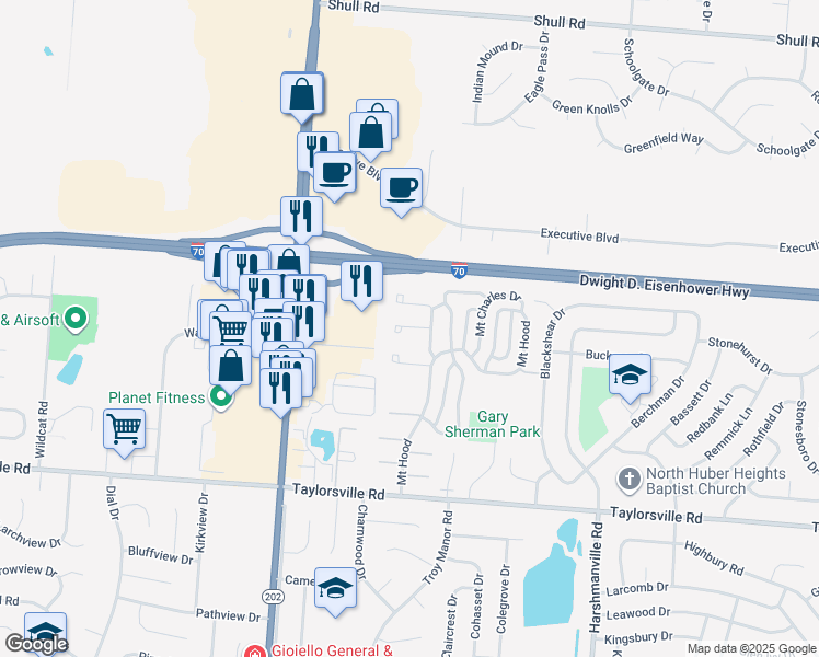 map of restaurants, bars, coffee shops, grocery stores, and more near 7999 Mount Hood in Dayton