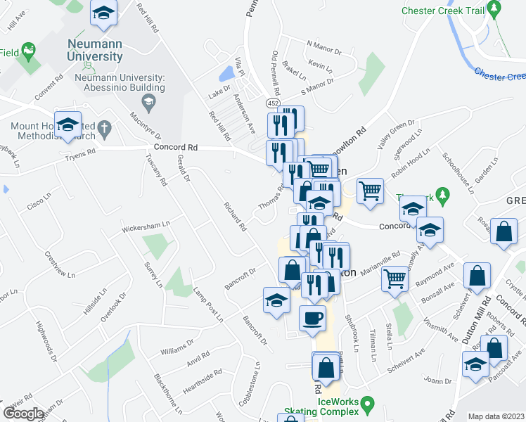 map of restaurants, bars, coffee shops, grocery stores, and more near 9 Thomas Road in Aston
