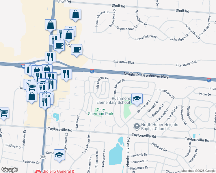 map of restaurants, bars, coffee shops, grocery stores, and more near 8155 Mount Hood in Huber Heights