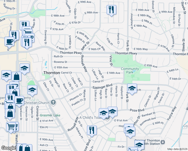 map of restaurants, bars, coffee shops, grocery stores, and more near 1821 Carrol Court in Thornton