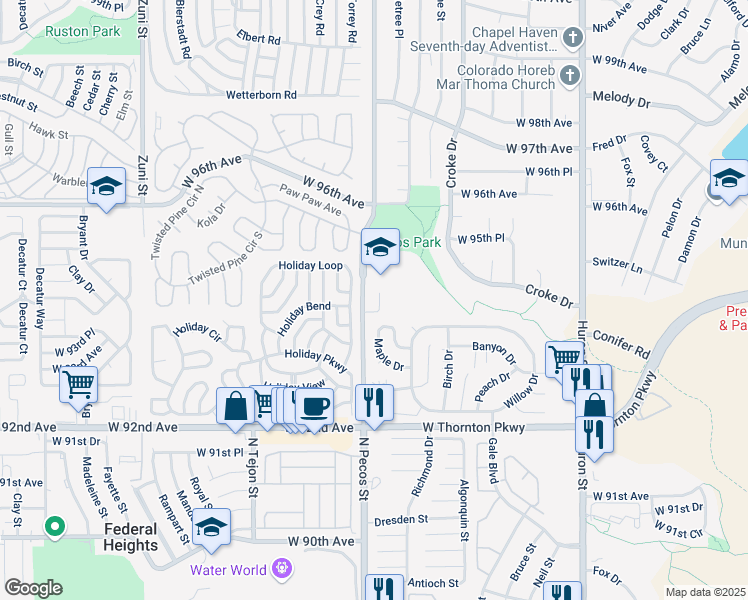 map of restaurants, bars, coffee shops, grocery stores, and more near 174 Holiday Loop in Federal Heights