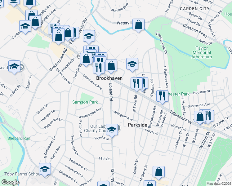 map of restaurants, bars, coffee shops, grocery stores, and more near 102 West Garrison Road in Brookhaven